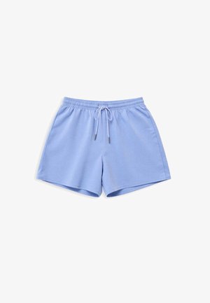 Light blue cotton blend shorts with an elastic waistband, drawstring closure, and side seams. Flexible, casual fit. No pockets.