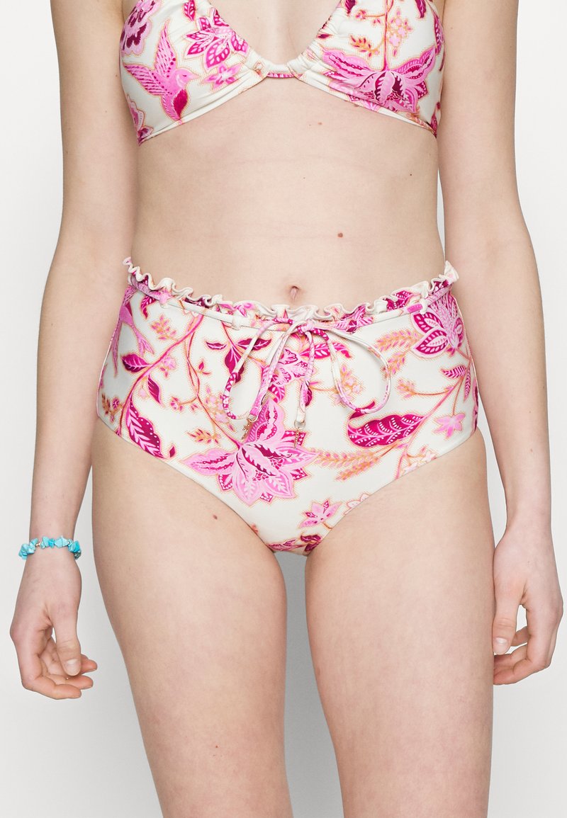 Kõrge vööst bikiinipüksid lilleline muster roosa tooni kooskõlas kreemjas taustal, rüükide ääred ja reguleeritav nöör.