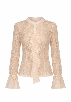 Blusa beige in pizzo a maniche lunghe con volant sul davanti, polsini svasati e scollo rotondo con bottoni.