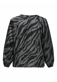 Blouse noire et grise à manches longues avec poignets élastiques et motif rayures zébrées, vue de dos sur fond blanc.