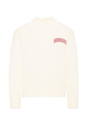Jersey blanco de manga larga con puños y dobladillo acanalados, con texto rojo bordado ""JUST CAVALLI"" en la parte superior izquierda del pecho.