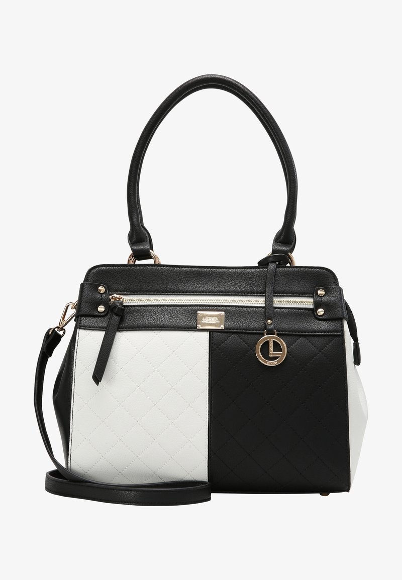 Mustat ja valkoiset tilkkupussit kultaisella vetoketjulla, logokoristeella, kaksoiskahvoilla ja irrotettavalla olkahihnalla valkoisella taustalla.