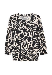 Schwarz-weißes Langarmoberteil mit einem Blättermuster, rundem Ausschnitt, elastischen Bündchen und lässiger Passform. Strukturierter Stoff mit feinen Rippungen.