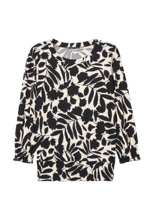 Zwart-witte langemouwen top met een bladerenpatroon, ronde halslijn, elastische manchetten en een relaxte pasvorm. Gelaagd stof met subtiele ribbels.