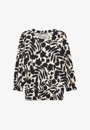 Zwart-witte langemouwen top met een bladerenpatroon, ronde halslijn, elastische manchetten en een relaxte pasvorm. Gelaagd stof met subtiele ribbels.