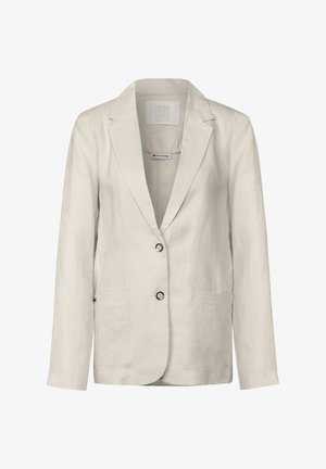 Beige linned blazer med notched lapels, to forknapper og to paspolerede lommer, præsenteret på en hvid baggrund.