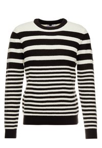 Pull rayé noir et blanc en tissu tricoté côtelé. Il présente un col rond et des manches longues avec des poignets contrastés.