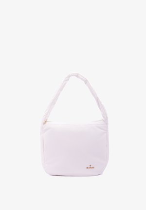 Sac à épaule blanc matelassé avec fermeture éclair, doté d'une texture lisse et d'un accent discret en métal doré. Forme compacte et arrondie.