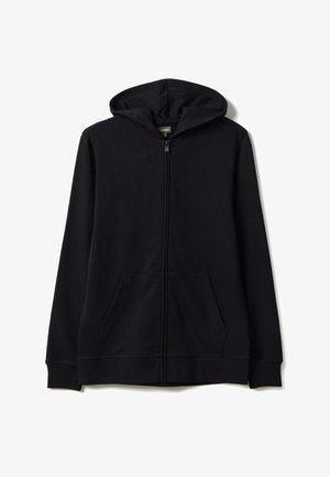 Sweat à capuche zippé noir en tissu doux, avec poche kangourou, capuche à cordon et poignets côtelés. Texture lisse et design simple.