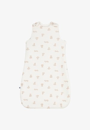 Babyslaapzak van katoen in wit met lichtbeige berenpatroon, mouwloos ontwerp, ronde halslijn en afgeronde onderranden.