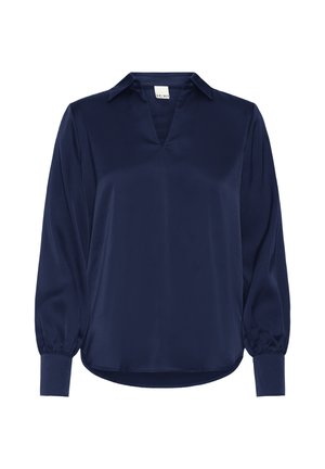 Marineblaue Satinbluse mit V-Ausschnitt, langen Puffärmeln und Knopfmanschetten. Glatte Textur, leicht lockere Passform und abgerundeter Saum am unteren Ende.