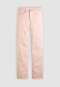 Light pink straight-leg jeans with five pockets, button closure, and metal hardware. Made from denim, featuring a smooth texture.