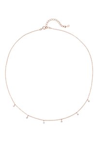 Naszyjnik z łańcuchem w kolorze różowego złota z pięcioma małymi, równomiernie rozmieszczonymi przezroczystymi kryształami. Posiada regulowany zapięcie umożliwiające dostosowanie długości.