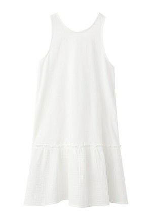 Robe blanche sans manches avec encolure arrondie et ourlet à volants, réalisée en tissu léger, présentée à plat sur fond blanc.