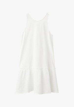 Robe blanche sans manches avec encolure arrondie et ourlet à volants, réalisée en tissu léger, présentée à plat sur fond blanc.