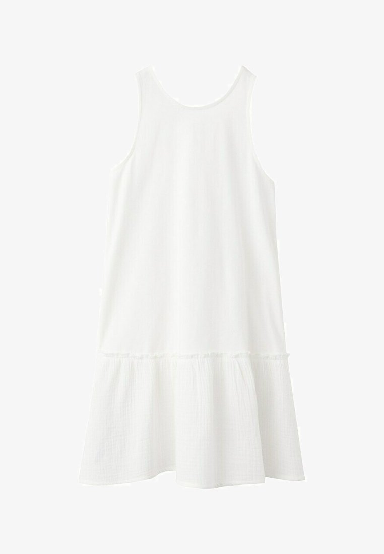 Robe blanche sans manches avec encolure arrondie et ourlet à volants, réalisée en tissu léger, présentée à plat sur fond blanc.