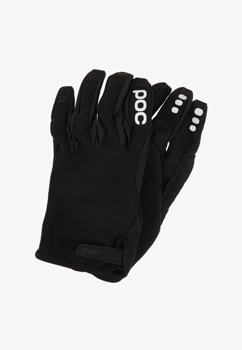 Black cycling gloves made of stretchy fabric. Features include padded palms, textured grip, and branding on the wrist with white lettering.