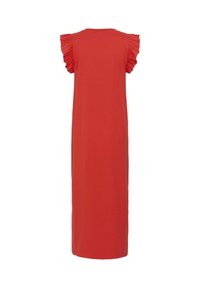 Robe longue rouge sans manches avec des manches courtes à volants, coupe droite et dos simple.