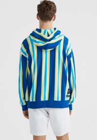 Personne portant un sweat à capuche à rayures verticales bleues, vertes et blanches, avec un short blanc, vue de dos sur un fond uni.