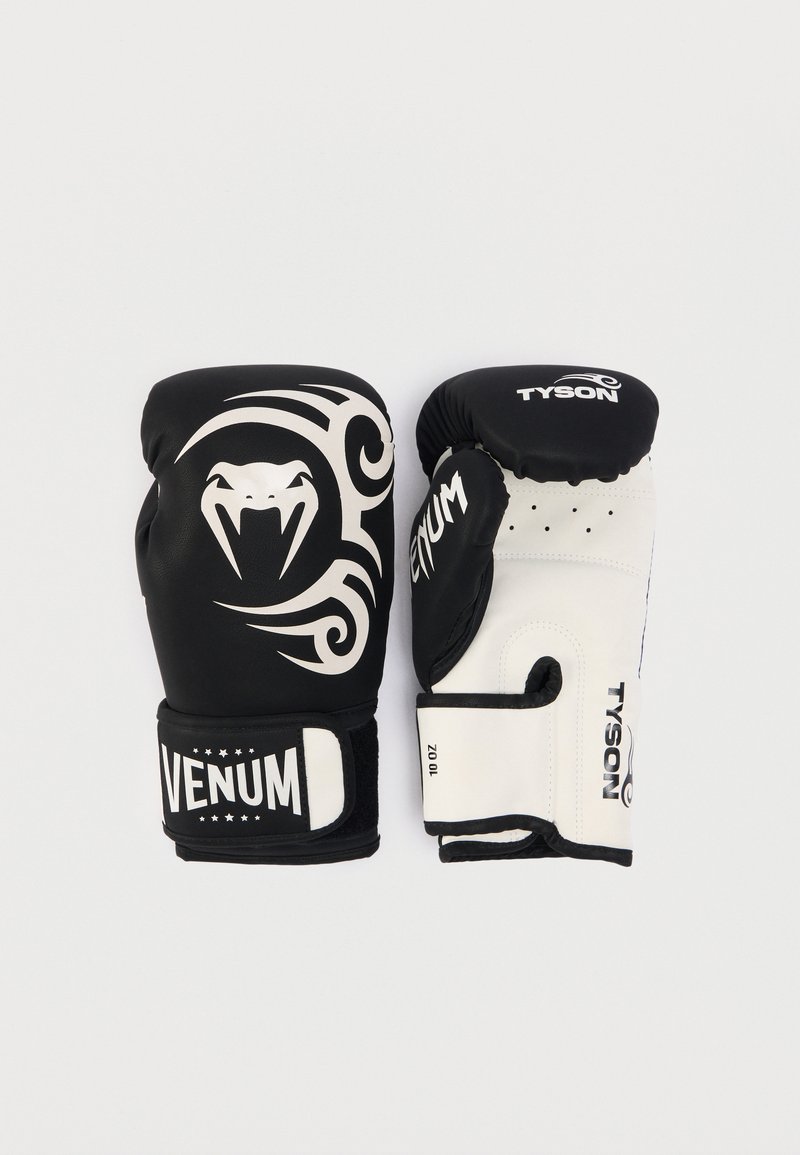 Schwarze Boxhandschuhe mit weißen Akzenten; mit Schlangendesign, Venum-Logo, gepolsterten Knöcheln und Klettverschluss am Handgelenk.