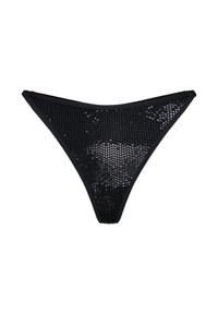 Czarne bikini o siateczkowym dole z perforowanym wzorem, charakteryzujące się niskim stanem, trójkątnym kształtem oraz elastycznym pasem dla komfortu i dopasowania.