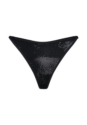 Czarne bikini o siateczkowym dole z perforowanym wzorem, charakteryzujące się niskim stanem, trójkątnym kształtem oraz elastycznym pasem dla komfortu i dopasowania.