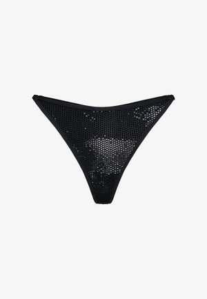 Czarne bikini o siateczkowym dole z perforowanym wzorem, charakteryzujące się niskim stanem, trójkątnym kształtem oraz elastycznym pasem dla komfortu i dopasowania.