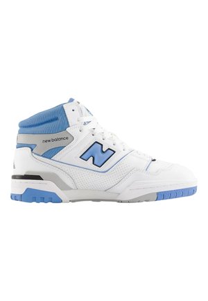 High-top sneakers featuring a white leather body with blue textile accents, perforated detailing, and a gray midsole. Notable N logo in blue.