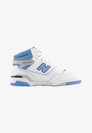 High-top sneakers featuring a white leather body with blue textile accents, perforated detailing, and a gray midsole. Notable N logo in blue.