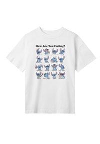 White cotton t-shirt featuring a print of Stitch expressions labeled with emotions in various colors and designs, arranged in a grid pattern.