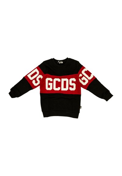 Schwarzer Kapuzenpullover mit roten Akzenten, large weißem "GCDS" Schriftzug auf Ärmeln und Brust. Baumwollmischung, gerippte Bündchen und Saum, lockere Passform.