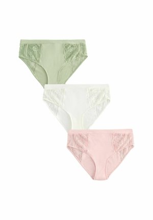 Drie paar damesonderbroeken in lichtgroen, wit en roze. Elk paar heeft kanten accenten aan de zijkanten en is gemaakt van een gladde katoenstof.