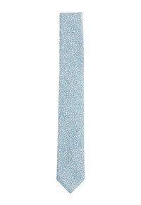 Cravate bleu clair avec un motif floral comportant de petites fleurs orange et blanches. Tissu lisse, design étroit et pointe effilée.
