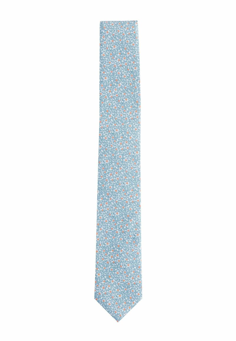 Cravate bleu clair avec un motif floral comportant de petites fleurs orange et blanches. Tissu lisse, design étroit et pointe effilée.