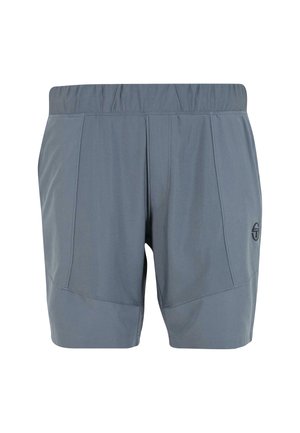 Grijze sportshorts met een elastische tailleband, voorzien van twee zijzakken en een logo op de linkeronderkant. De stof lijkt glad en lichtgewicht.