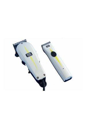 Wahl hair clippers set; white plastic body with blue accents; one clipper has a cord, the other is cordless; features adjustable blade lengths.