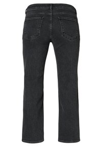 Sorte lige ben jeans vist fra bagsiden med to baglommer og synlige syninger.