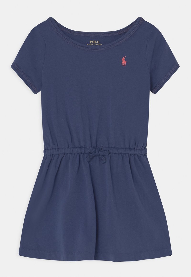 Námořnicky modré šaty s krátkým rukávem, elastickým pasem a malým růžovým logem Polo Ralph Lauren na hrudi.