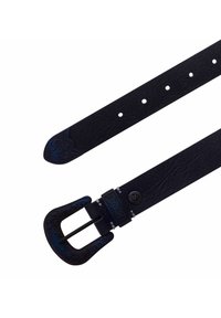 Zwarte leren riem met geperst bloemenpatroon, voorzien van een decoratieve zwarte gesp met blauwe accenten. Meerdere verstelgaatjes voor maatvoering.