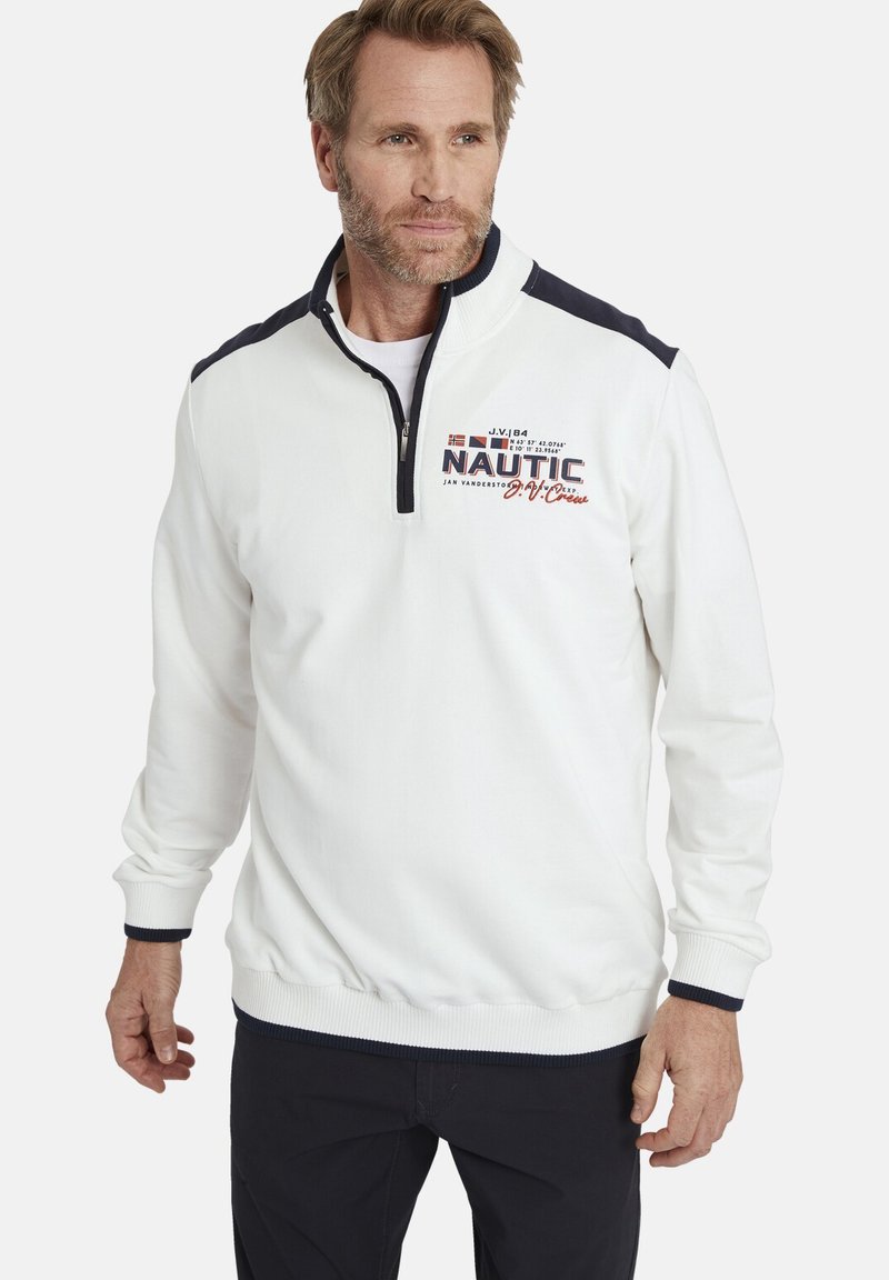 White pullover with a quarter-zip, navy accents on shoulders and cuffs, embossed "NAUTIC" text, ribbed hem. Cotton blend, relaxed fit.
