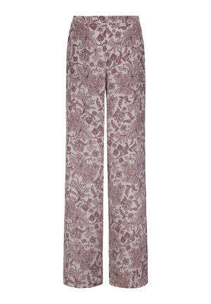 Bladoróżowe spodnie w szerokie nogawki z drobnym, ciemnofioletowym kwiatowym wzorem na całej powierzchni oraz wysokim stanem.