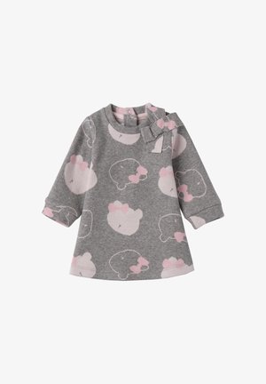 Grau gefärbtes Kleid aus weichem Stoff, verziert mit rosa Bärenmustern und einer dekorativen Schleife. Lange Ärmel mit angeschnittenen Säumen, runder Ausschnitt und Druckknopfverschluss auf der Rückseite.