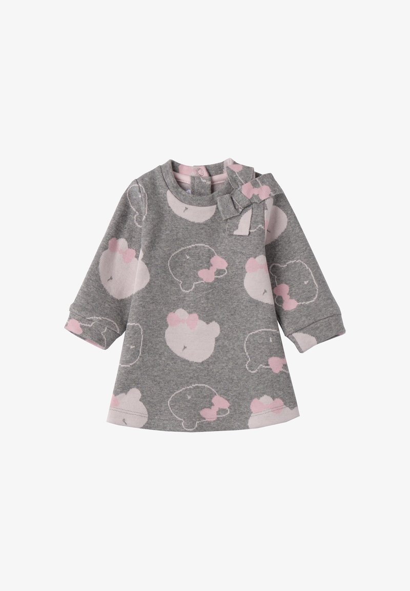 Szara sukienka z miękkiego materiału, ozdobiona różowymi wzorami misiów i dekoracyjną kokardą. Długie rękawy z mankietami, okrągły dekolt oraz zapięcie na napy z tyłu.