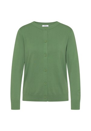 Cardigan vert en tissu tricoté doux, avec un col rond, une fermeture à boutons sur le devant, et des poignets et un ourlet côtelés.