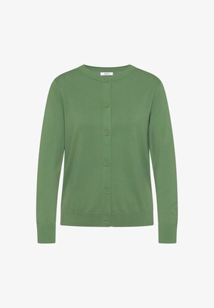 Groene cardigan van zacht breisels, met een ronde hals, een sluiting met knopen aan de voorkant en ribgebreide manchetten en zoom.