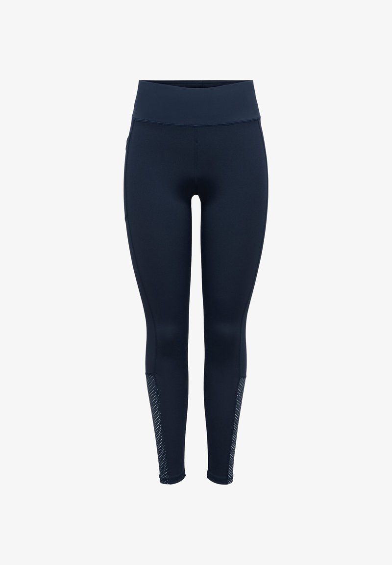 Μπλε κολάν με ψηλή ζώνη μέσης, κατασκευασμένο από ελαστικό ύφασμα. Διαθέτει τμήματα από δίχτυ στα κάτω μέρη των ποδιών για αερισμό.