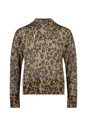 Sweater med leopardmønster, lange ærmer, høj hals og ribbet kant. Fremstillet af et blødt, tekstureret stof i nuancer af brun og sort.