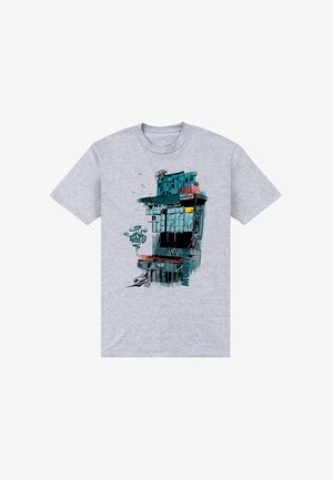 Graues Baumwoll-T-Shirt mit einem abstrakten Grafikdesign eines Gebäudes in Türkis, Orange und Gelb mit schwarzen Akzenten und detaillierter Linienführung.