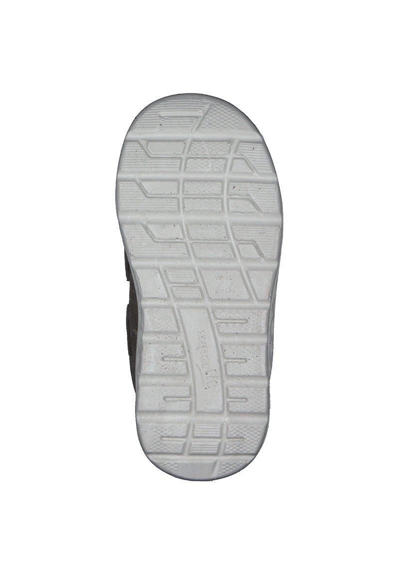 Schuhsohle mit einer strukturierten weißen GummOberfläche, die ein Rautenmuster, Rillen und einen glatten Rand aufweist. Mit "22" und "superfit" gekennzeichnet.