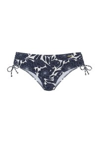 Tummansininen bikinin alushousu, jossa on valkoinen kukkakuosi. Varustettu säädettävillä sivusiteillä ja sileällä, joustavalla kankaalla.